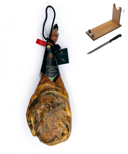 Jambon pata negra ibérique (Épaule) nourri de glands certifié Revisan + porte jambon + couteau image #1