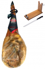 Jambon pata negra ibérique (Épaule) de porc nourri en pâturages certifiée Revisan + porte jambon + couteau